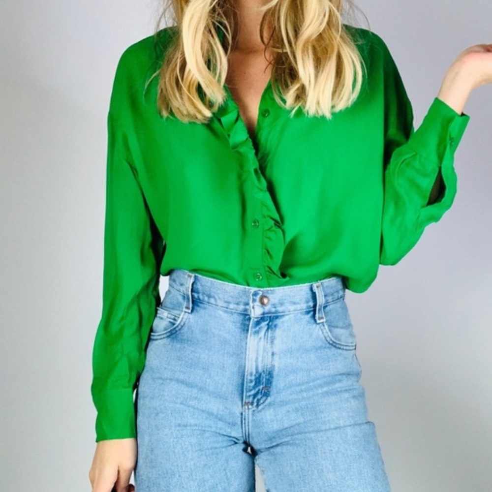 Zara ruffle trim button down oversized shirt green
